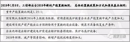 按照置換細則，2018年仍有置換的高爐，高爐減量會刺激價格上漲，同時壓制廢鋼價格上漲；另環(huán)保有望升級，也會影響高爐供應(yīng)提振鋼價，壓縮爐料需求，所以高爐置換或環(huán)保政策是全年重點關(guān)注的政策變量。工信部1月3日提出爭取2018年提前完成鋼鐵去產(chǎn)能的&rdquo;十三五&ldquo;的上限目標，所以政策是黑色的重要變量。